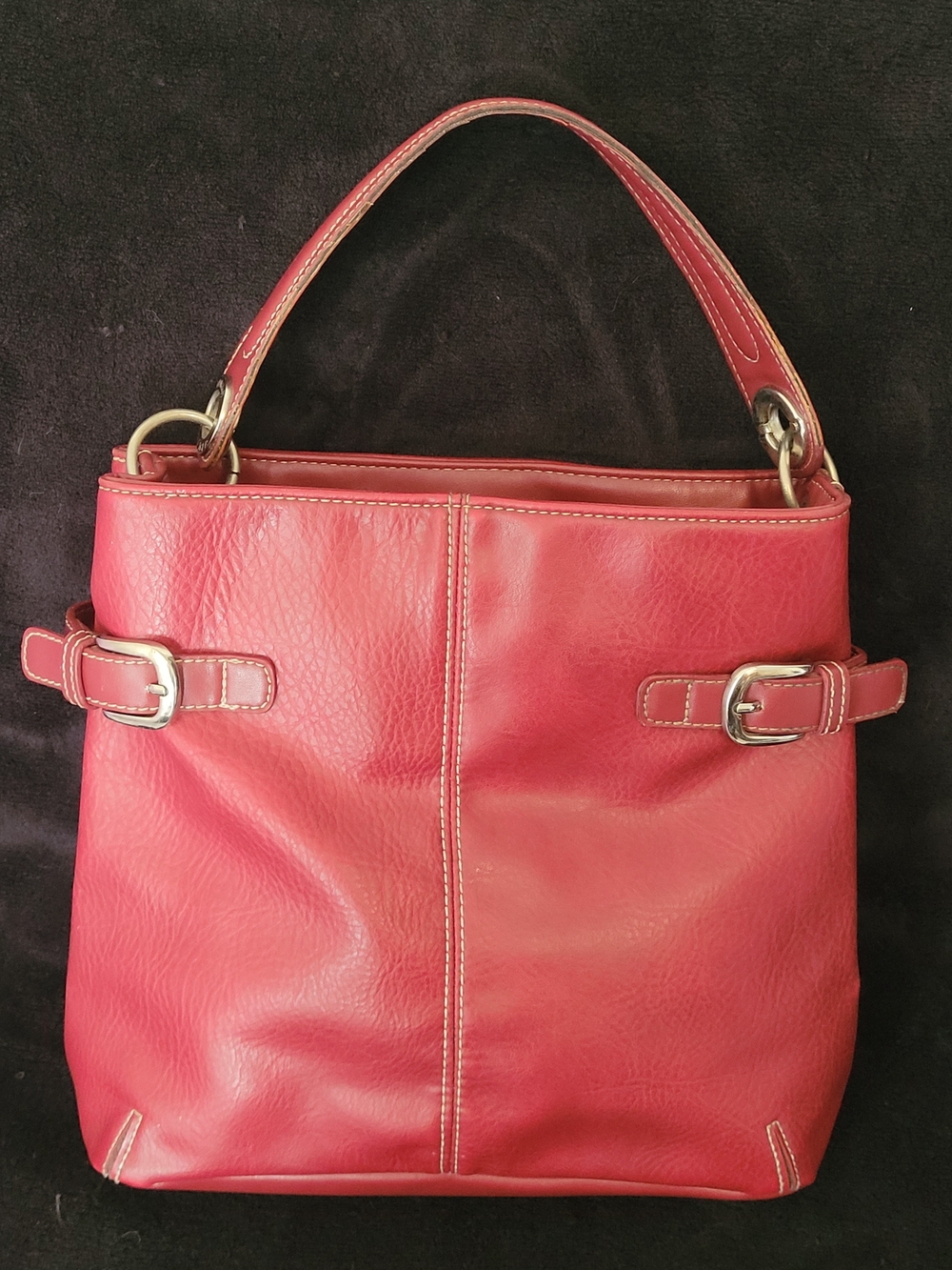 Vintage Tommy Hilfiger Red Faux Leather Handbag Double Buckle Silver Hardware